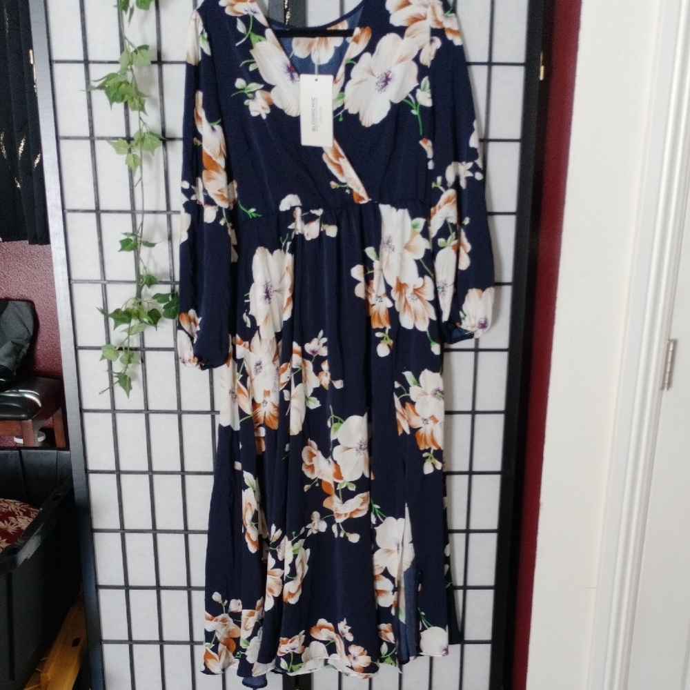 Floral V-Neck Long Sleeve Maxi Dress - Navy